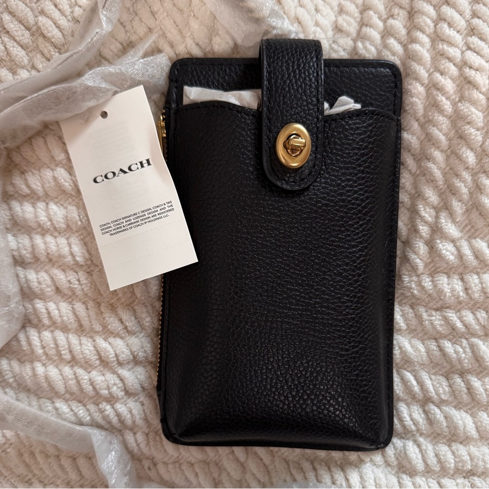 Coach NWT Turnlock Chain Phone Crossbody Bag Black Pebble Leather - Picture 4 of 11